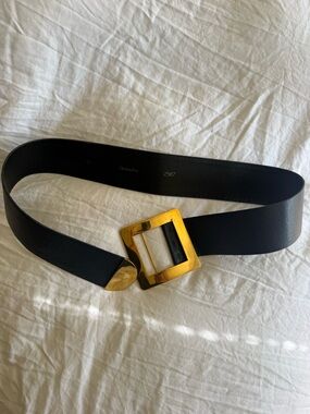 Christian Dior Vintage Blue Leather Waist Belt with Gold Square Buckle Accent